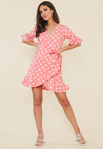 Pink and White Spot Wrap Frill Hem Mini Dress