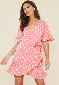 Pink and White Spot Wrap Frill Hem Mini Dress