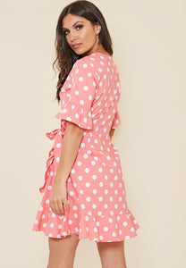 Pink and White Spot Wrap Frill Hem Mini Dress