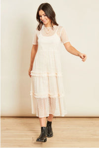 Pink Tiered Mesh Midi Ruffle Dress