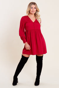 Berry Long Sleeve Button Down Smock Mini Dress