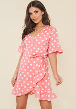 Load image into Gallery viewer, Pink and White Spot Wrap Frill Hem Mini Dress