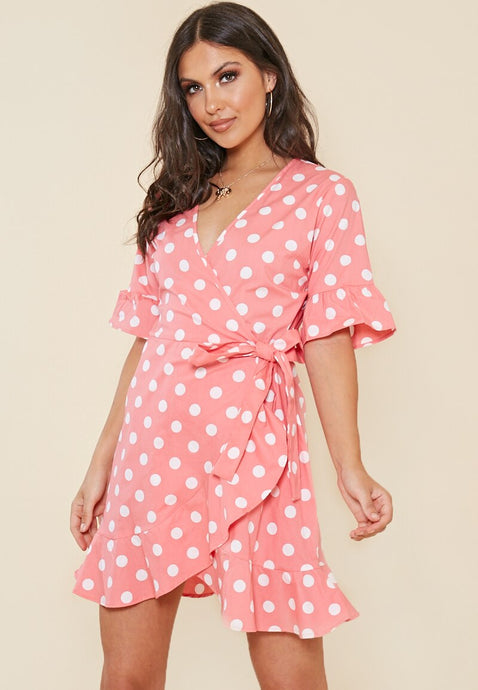Pink and White Spot Wrap Frill Hem Mini Dress